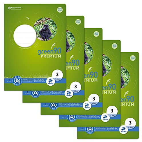 Staufen Green Heft - DIN A4, Lineatur 3 (14 Doppellinien), 16 Blatt, premiumweißes 90 g/m² Recyclingpapier, runde Ecken verhindern „Eselsohren“, 4 verschiedene Motive (keine Auswahl möglich), 5 Stück