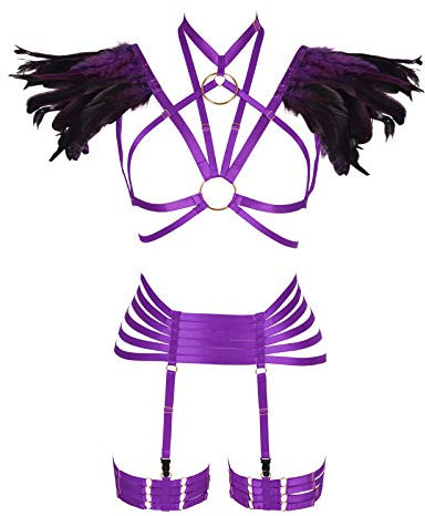 Damen Feder Körper Brustgeschirr Engelsflügel Punk Strappy Tops Epaulet Rave Taille Strumpfband Gürtel Übergröße Halloween Kleidung, Lila lang, Einheitsgröße