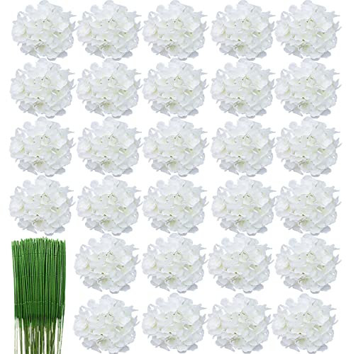 HinyoCo 28 pièces Fleurs D'hortensia en Soie Têtes 18 cm Fleur Artificielle avec Tiges Fausses Fleurs pour Les décorations de fête de Mariage à la Maison (Blanc)