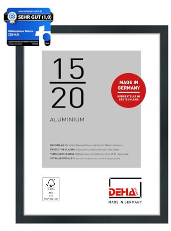DEHA Design Bilderrahmen, 15 x 20 cm, Aluminium, Schwarz matt, Fotorahmen zum Auftstellen im Hoch- & Querformat, bruchsicheres Kunstglas, Tribeca