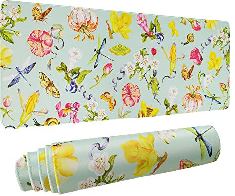 Floral Mouse Pad XL, Flower Extended Large Gaming Mouse Pad Teal, Sage Green Watercolor Floral Dragonfly Mousepad Long Big Desk Mat Decor Stuff Accessories, 31.5 X 11.8 Inch