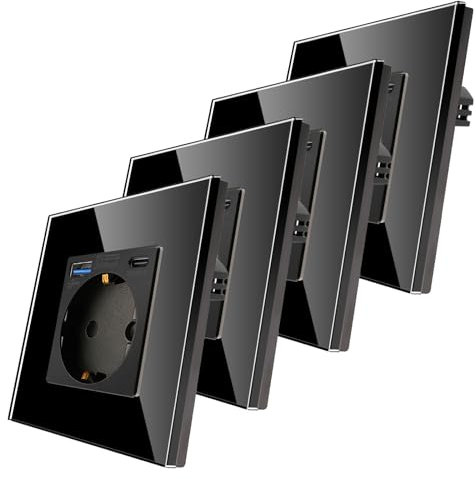 4er-Pack CNBINGO Glas Steckdose mit USB Ports (Typ-C und Typ-A unterstützung 20W Schnellladen) - Einfach Steckdose Unterputz in Schwarz - Schuko Schutzkontakt Wandsteckdose mit Glasrahmen