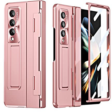 Miimall for Samsung Galaxy Z Fold 4 Case with Hinge Protection, [Built-in Front Screen Protector][Camera Lens Protector] [Kickstand], Hard PC Anti-Drop All-Inclusive Cover for Z Fold 4-Rosegold
