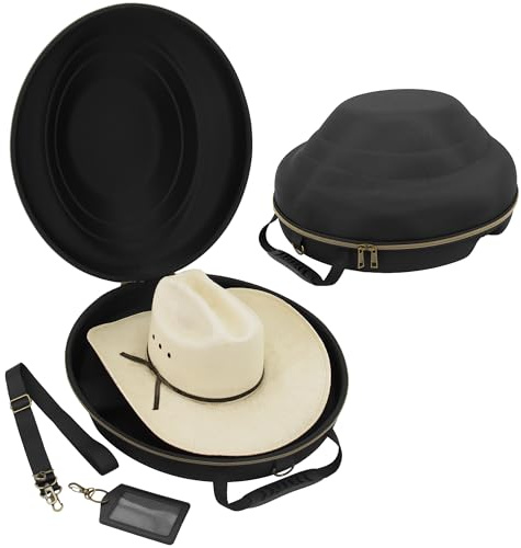 CASEMATIX Cowboyhutbox und tragbare Cowboyhutaufbewahrung für Krempen bis zu 12,1 cm – Hartschalen-Cowboyhutkoffer mit Tragegurt, Ausweisfach und Schaumstoffeinsatz für Tauchkrempen