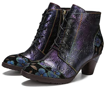 CrazycatZ Womens Leather Ankle Boots Block Heel Boots Bohemian Splicing Lace Up Colorful Bootie (Purple, numeric_5)