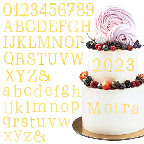 BETESSIN 64Pcs Torten Deko Gold Acryl 2 Sets Buchstaben Deko Torte 10Pcs Zahlen Gold Kuchen Deko Geburtstag A-Z Großbuchstaben Kleinbuchstaben Tortenaufsatz für Hochzeit Jubiläum Party Stil B