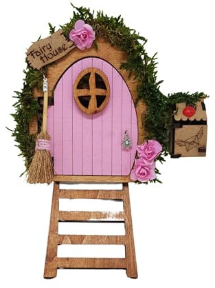 Puerta de hadas rosa fantasía de madera con escalera, escoba y buzón. Producto artesanal hecho en España (Rosa)