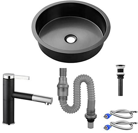 HCZION Fregadero de Cocina Redondo Fregadero de Acero Inoxidable Fregadero de un Seno Fregadero utilitario Empotrado con desagüe y grifos extraíbles