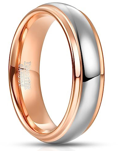 NUNCAD Herren Damen Wolfram Ring 6mm Silber and Rosegold Hochzeit Verlobung Ring Partnerringe Poliertes Finish Größe 54.4 (17.3)