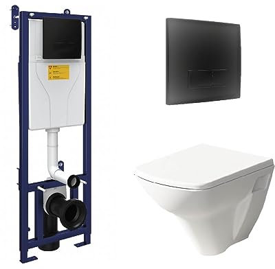 White Ceramic Wall Hung Square Modern Bathroom Toilet with Wall Hung Toilet Cistern/Frame and Matte Black Flush Plate Set, Dual Flush Cistern, Matte Black Flush Plate and Soft Close Seat