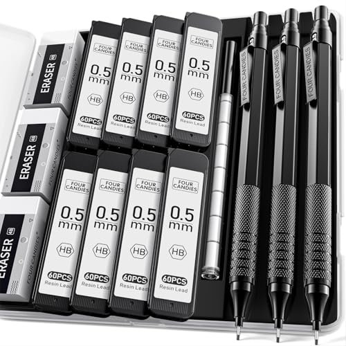 Four Candies 0,5 mm Druckbleistift-Set mit Etui, Metall-Künstlerbleistift mit 8 Röhren (480 Stück), HB-Minenminen, 3 Radiergummis, 9 Radiergummi-Nachfüllungen Ingenieure, Schreiben, Zeichnen, Schwarz