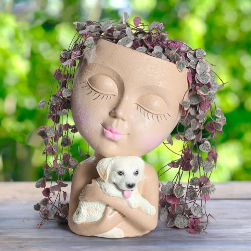 WEWEOW Gesichtspflanzgefäße mit Kopf für drinnen und draußen, Pflanztopf mit Hund, Sukkulenten-Übertopf mit Drainageloch Niedliche Damengesicht-Blumentöpfe (Khaki)