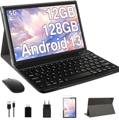 Oangcc Android 13 Tablet 10 Pollici 12(6+6) GB RAM+128GB ROM(TF 1TB) Octa-Core, 5G+2.4G WiFi, Processore 2.0 GHz, 8000mAh, 5+8MP, GPS, Bluetooth, Schermo Widget, Type-C, con Tastiera e Mouse - Grigio