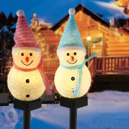 2PCS Solar Christmas Lights Outdoor, Snowman Christmas Decorations, Solar Powered Snowman LED Lights, Outdoor Xmas Lights, Solar Garden Lights, Snowman Pathway Light for Yard Patio Garden Decoration