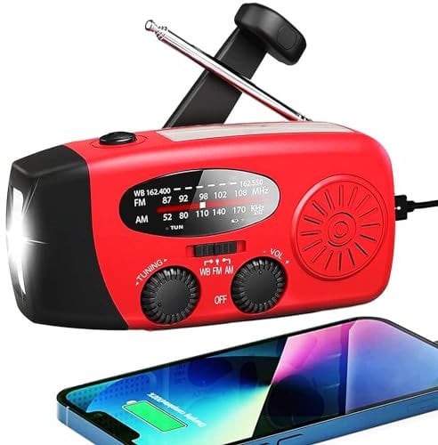 Handsider Wind Up Radio, Solar Emergency FM AM NOAA Portable Radio with SOS Alarm, LED Flashlight, 5000mAh Power Bank USB C Cellphone Charger for Camping Hiking (5000mAh Red)