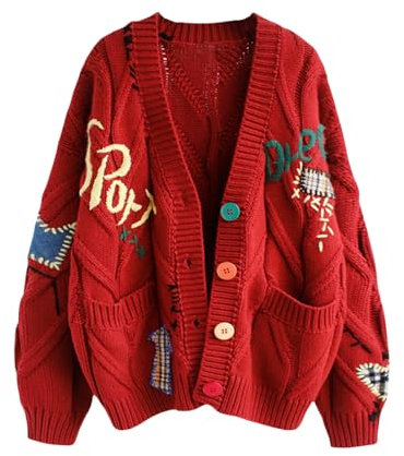 Yrkcah Women Cardigans Knitted Graphic Long Sleeve Jumpers V-Neck Button Sweaters Tops with Pockets Red