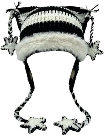 Cat Beanie Beanies Y2k Beanie Strickmütze Grunge Goth y2k Zubehör Häkelmützen für Damen, Schwarz, Weiß, B, M