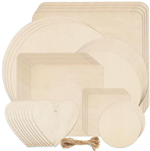 46Pcs Unfinished Blank Wood Slices - Pyrography Wood Blanks, 7Sizes Natural Wooden Pieces Round Square Hearts with Predrilled Hole &5M Twine, Woodcraft Circles for Craft, DIY, Decor Painting, Coasters