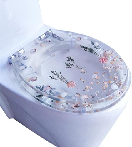 Seepferdchen-Toilettensitz aus Polyresin, rund, Absenkautomatik, Schnellverschluss, 3D-Effekte, robuste Toilettensitze, echte Blumen, Muscheln und Sande, WC-Sitzbezug aus Kunstharz – robust, mit Absen