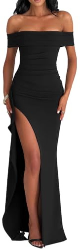 LAGSHIAN Women's Elegant Bodycon Off Shoulder Sleeveless High Split Ruched Long Formal Evening Dress Black