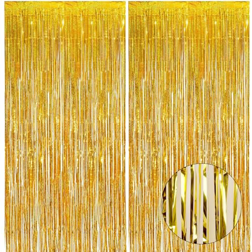 Auliuse 2Pcs 3.3×6.6ft Tinsel Curtain Gold Glitter Party Decorations Curtain Backdrop Streamers Foil Fringe, Metallic Tinsel Foil Curtains Background Streamers for Wedding Baby Shower Birthday