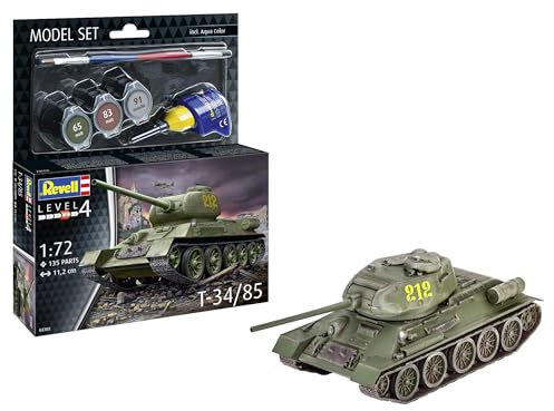 Revell Modellbausatz T-34/85 | Legendärer sowjetischer Panzer des WWII | Drehbarer Turm, 85 mm Kanone & Spritzgusskette mit Einzelgliedern | Inkl. Kleber und Pinsel