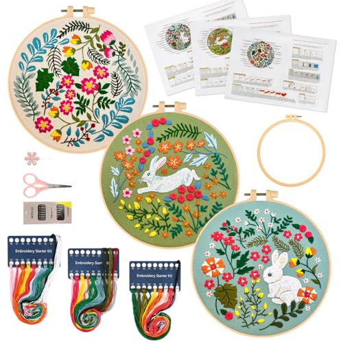 JSRQT 3 Sets Oster Sticksets für Anfänger Erwachsene, Gestempelte Kreuzstichset mit Häschen-Blumen-Muster, Handgefertigtes Nadelspitzen Stickerei Starterset mit Anleitung, Stickrahmen, Nadel und Faden