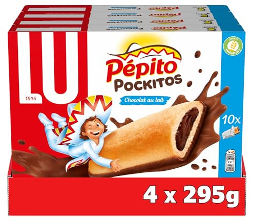 Lu Pépito Pockitos - Biscuits Croustillants Fourrés Chocolat - 4x295g | 4 Boîtes de 10 gâteaux | Biscuit croustillant avec fourrage au chocolat au lait fondant | Idéal pour le goûter