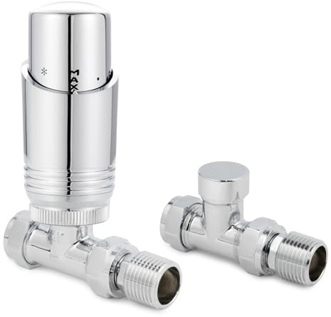 VANCOCO Chrome Straight Thermostatic Radiator Valve Set 1/2×15mm | TRV with Lockshield, H62 Brass, Energy Saving Design