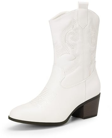 DREAM PAIRS Stivali Western da Donna a Metà Polpaccio, Stivali da Cowboy con Punta a Punta e Tacco a Zeppa con Ricami,Size 38,Bianco,DWUMMB2505