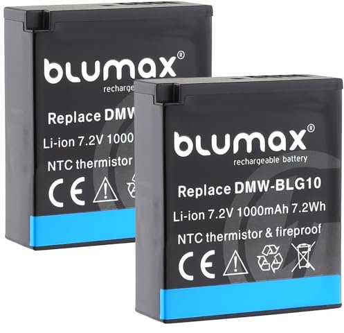2 x Blumax Battery Replacement for Panasonic DMW-BLG10 / DMW-BLG10E | 1000 mAh - NTC Sensor & V1 Housing for Lumix DMC-GF6 GX7 III GX80 DMW-BLE9 E BP-DC15 E