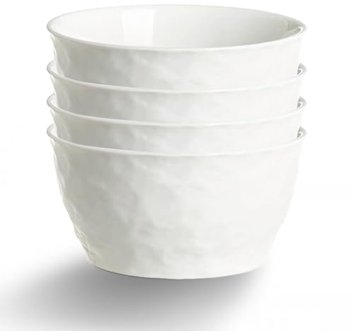 AmiCera Cearmic Bowl Set of 4, Dessert Bowls 300ml, Small White Cereal Bowls with Hand-Hammered Finish for Serving Soup Rice Porridge Breakfast, Safe for Microwave Oven Dishwasher (White)