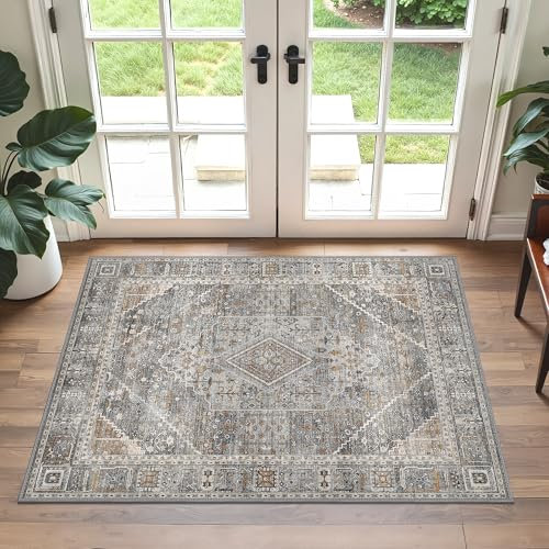 GENIMO Teppich Boho Fußmatte 60x90cm Waschbar Schlafzimmer Teppich No-Slip Teppiche für Eingang Bad, Grau