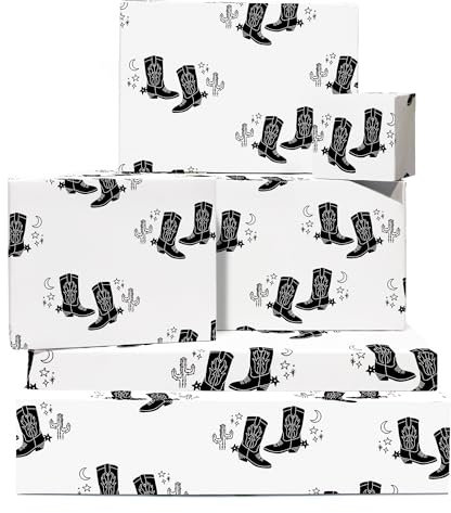 Cowboy-Geschenkpapier – 6 Blatt weißes Geschenkpapier für Männer und Frauen – schwarzer Cowboystiefel – Kaktus – Wilder Westen, Rodeo – mit Aufklebern – von Central 23