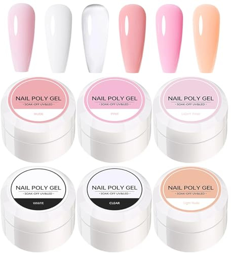 6 Pcs Nail Builder Gel Set - Nail Polish Kit for Stronger, Thicker Nails. Includes Clear, White, Pink, Nude Poly Gel for DIY Nail Art and Extensions