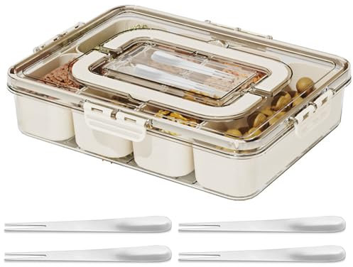 Snackbox mit Fächern, Snack Tablett mit 4 Gabeln aus Edelstahl, Kunststoff Snackbox Auslaufsicher, Organizer mit Deckel und Handgriff, für Kühlschrank Vorratskammer Snack, Obst Gewürzorganizer