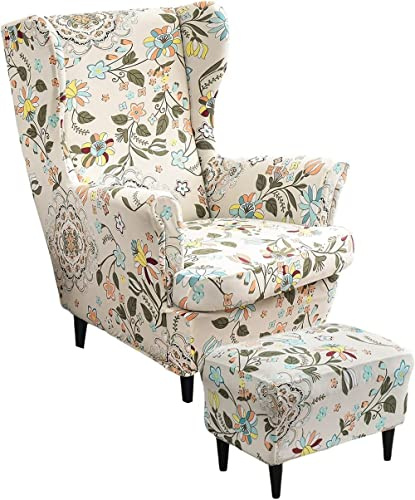 ZGantrix Ohrensessel überzug mit Hocker Bezug, 2 Teilig Sessel-Überwürfe+1 Teilig Ottomane Schonbezug, Beige/Grün/Rosa/Blau Ohrensessel Schonbezüge Sesselhusse Stretch Tiger Stuhlbezug mit Armlehne