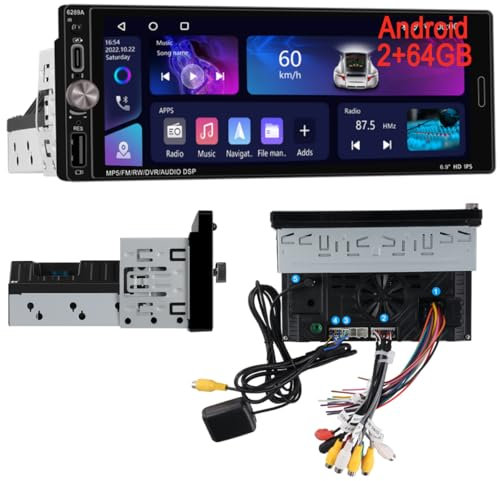 Hikity 2+64GB Android 15 Radio de Coche 1 DIN Wireless Carplay Android Auto, Pantalla Táctil 6,9 Pulgadas, Estéreo de Coche con Bluetooth, Mirror Link, FM RDS, Cámara Trasera