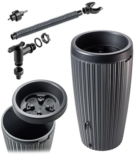 KADAX Regentonne mit im Deckel integrierter Pflanzschale 240 L, Regenfass aus Kunststoff, Regenwasserbehälter mit Wasserhahn, Frostsicher Regentank (Anthrazit)