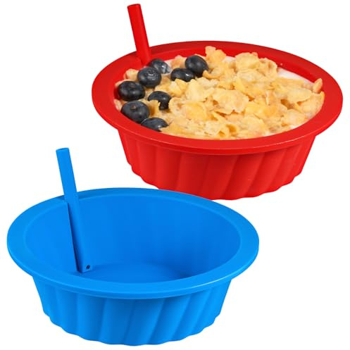 Koluti Silicone Cereal Bowls with Straws Set of 2, 20oz Breakfast Milk and Snack Serving Container, BPA Free Microwave Dishwasher Safe Reusable Salad Meal Bowl