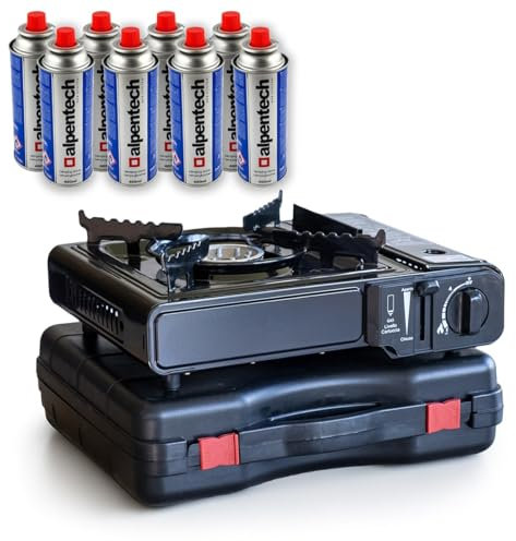 Intec – Hornillo de gas portátil 2200 W + 8 cartuchos de gas Butane Ideal Camping, Roadtrip, cocina exterior