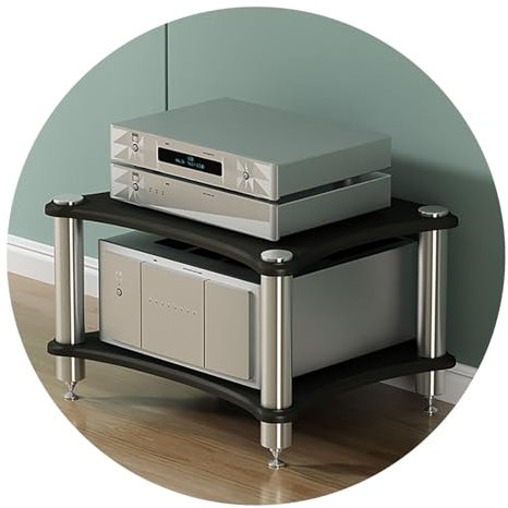 LIUJHGH Meuble HiFi avec Pieds amortisseurs, étagère en Bois Massif pour appareils de Streaming, amplificateurs, Enceintes et Rangement multimédia(Noir,2-Tier)