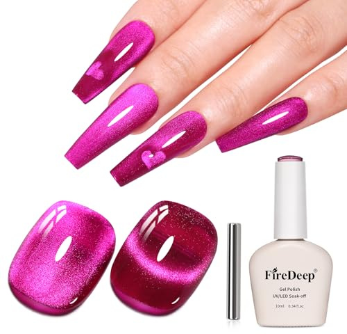Firedeep 10ml Hema Free Purple Cat Eye Gel Nail Polish Soak Off Long Lasting Holographic UV/LED with Magnetic Stick Gift for Women 1Pcs