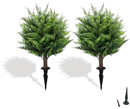 COSDACE Artificial Cedar Topiary Ball Trees,2 Sets of 25'' Artificial Trees Fake Evergreen Plants with Ground Spike, UV Resistant Artificial Plants for Outdoor Indoor Garden Front Porch (Cedar)