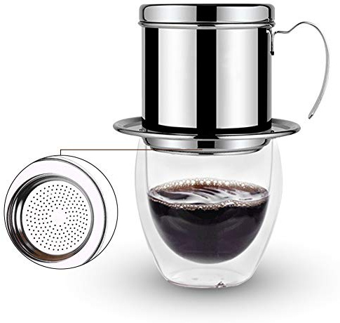 WPKD BLUEIY Vietnamesischer Kaffeefilter aus Edelstahl, Phin Infuser, Silber, Kaffeefilter, Design zum Brauen von authentischem vietnamesischem Kaffee