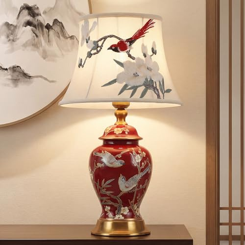 HvKvHvY Tischlampe Retro Keramik, Stoff-Nachttischlampe, Vintage-Leselampe für das Schlafzimmer, weißer Lampenschirm, Schreibtischlampe im modernen Stil, E27-Nachttischlampe für Hotel(D 52CM)