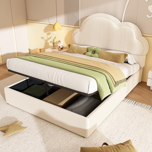 Merax Double bed frame, 4ft6 Double Upholstered Ottoman Bed with Hydraulic Storage, Chic Cloud-shaped Headboard, Sturdy Wooden Slat Support, Velvet Fabric (No Mattress), Beige/135 * 190CM