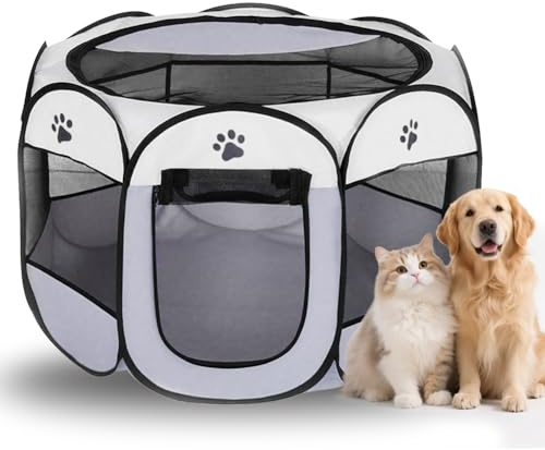 Tierlaufstall Faltbar 74x74x43cm, Welpenlaufstall aus Oxfordgewebe & Atmungsaktivem Netzstoff, für Sowohl Drinnen als Auch Draußen, Katzen, Hunde, Kaninchen und Kleintiere (Graue Hundeklauen)