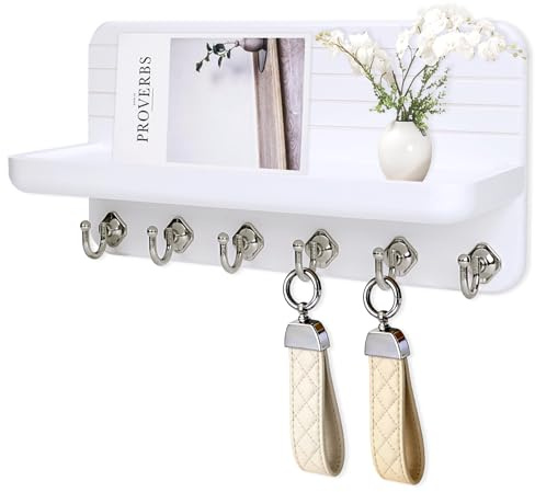 Kldgris Schlüsselbrett mit Ablage, Schlüsselboard Schlüsselbrett Weiss Holz mit 6 Schlüsselhaken, für Flur, Schlafzimmer, Küche, Hängen Küchenbesteck Weiß
