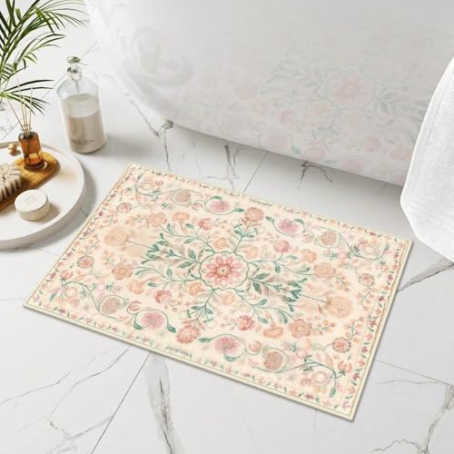 ZDLLDZ Boho-Badematte, beige, geblümt, kleine Badezimmerteppiche, rutschfest, Vintage-Landhausstil, geblümte Badeteppiche für Badezimmer, Toilette, Waschbecken, Badewanne (30 x 50 cm/rutschfest)